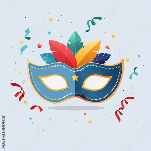 Colorful carnival mask with feathers and confetti celebration design