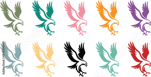 Eagle bird of prey silhouettes in mixed colors, Colorful raptor icon set