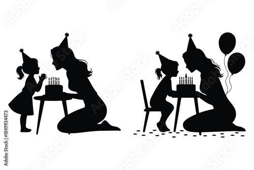 Silhouettes of children and adults celebrating with a birthday cake and balloons