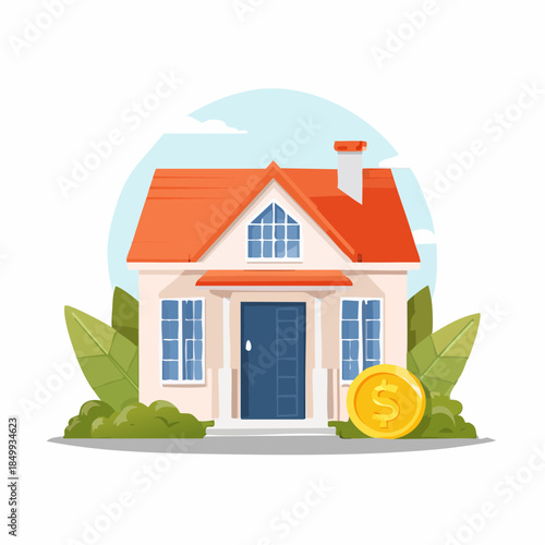 House illustration with a coin and greenery against white background