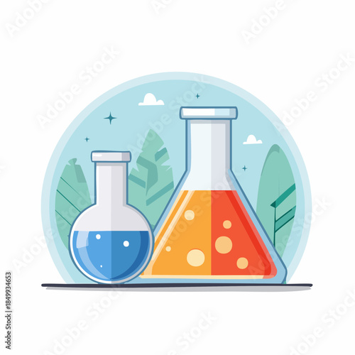 Laboratory flask illustration with colorful liquids science and education concept