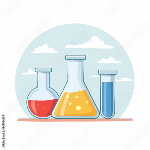 Laboratory glassware illustration with colored liquids and clouds