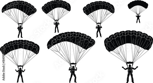 Parachutist silhouette collection, skydiving action poses, parachute canopy shapes, extreme sport concept, black white vector illustration set isolated background design