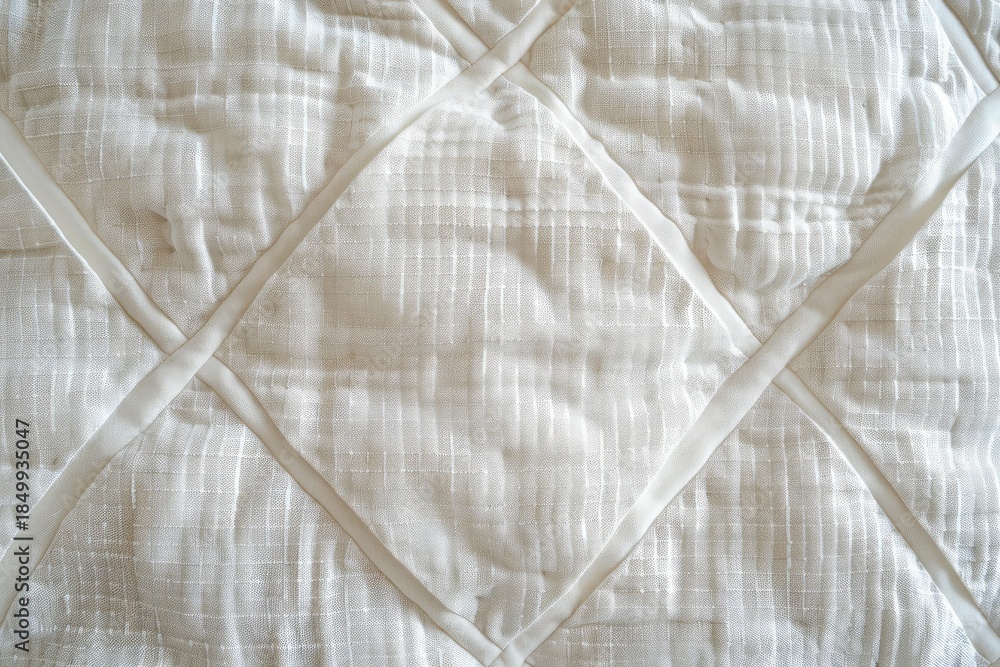 Fototapeta premium Close up view of a quilted white fabric texture, showcasing a diamond pattern created by stitching, ideal for backgrounds and textile designs