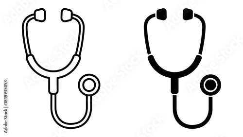Outline and solid black icon design of a classic medical stethoscope for healthcare concepts