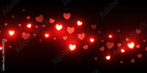 Heart romantic background. Red Valentine day card. Bright glowing hearts float across dark backdrop with soft light halos and smooth blur effect. Dreamy elegant vector illustration.
