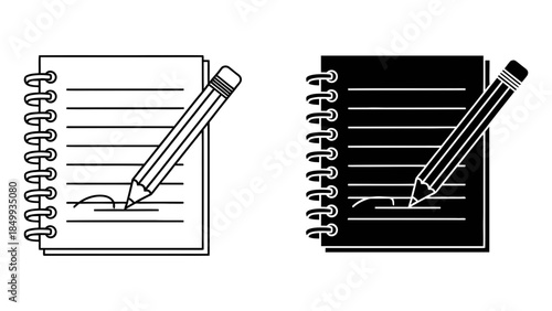 A classic icon of a spiral notepad and a pencil writing, in both outline and solid black styles.