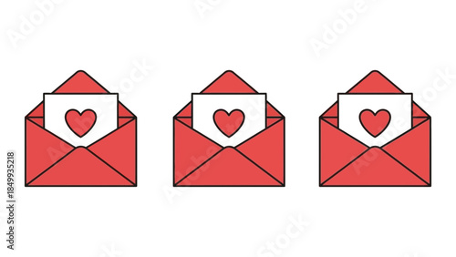 Three red envelopes with heart letters: a symbol of love and heartfelt messages