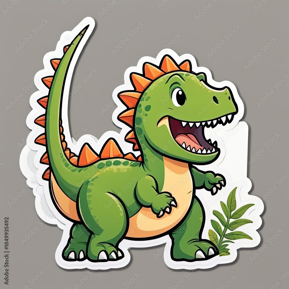 Fototapeta premium Cute cartoon dinosaur sticker design featuring a cheerful green dinosaur with orange spikes and playful expression, ideal for children’s items