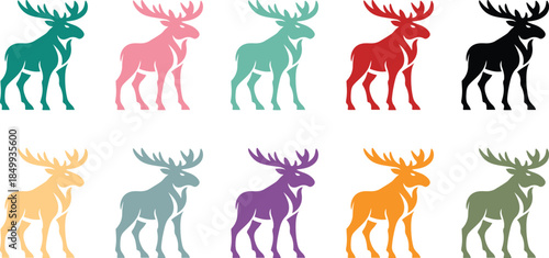 Moose animal silhouettes in various colors, Wildlife moose icon collection