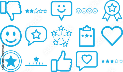 A set of blue icons and symbols for ratings and feedback