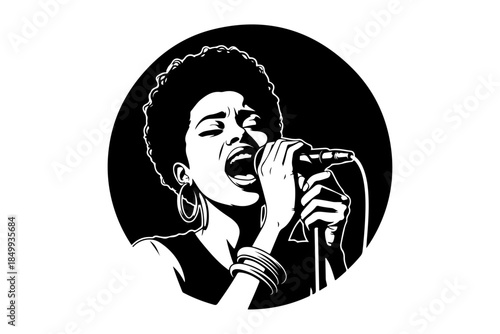 Black woman with afro singing passionately into a microphone, depicted in a bold, graphic illustration style perfect for music events or cultural art