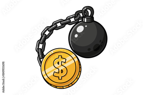Graphic depiction of a heavy iron ball chained to a golden dollar coin, effectively symbolizing the weighty burden of debt, financial struggles, and economic constraints
