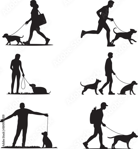 Dog Walking Silhouette Icon Set