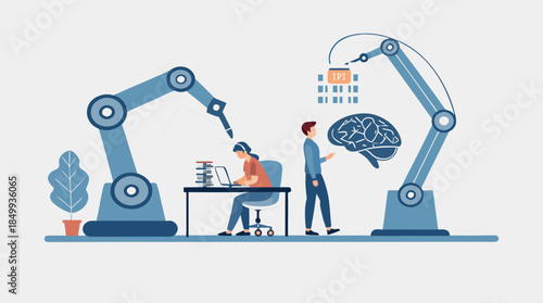 Humanoid AI Robot and Business Professionals Collaborating on Data Analytics and Digital Reporting