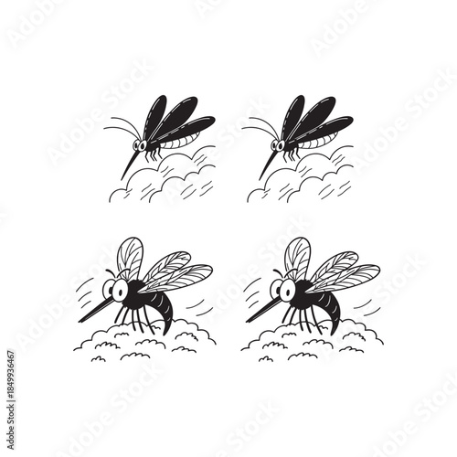 Four Hand-Drawn Mosquitoes in Flight