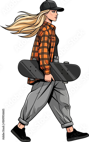 Stylish Young Woman in Flannel and Cap Carries Skateboard Walking Confidently Vector Illustration