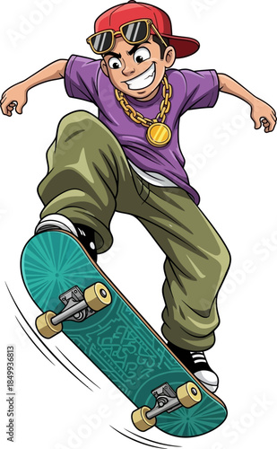 Cool Cartoon Skater Boy Doing Trick on Skateboard Urban Youth Culture Vector Illustration