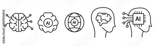 A collection of artificial intelligence icons, including a silhouette of a human head with a brain, an AI chip, and a circuit board. Machine learning, technology, vector graphic illustration, isolated