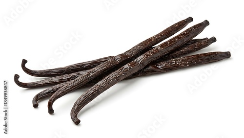 Cluster of rich dark brown cured vanilla bean pods displaying natural vanilla crystals against a clean bright white background for gourmet cooking