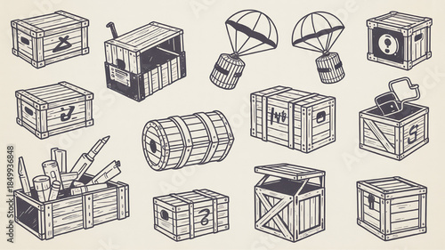 Collection of hand-drawn wooden crates and barrels game asset illustrations for supply drops and inventory isolated on textured background