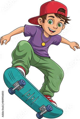 Happy Cartoon Boy Skateboarder Performing Trick on Teal Skateboard Youthful Energy and Fun