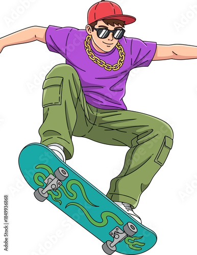 Cool Teen Skater Boy Performing Trick on Skateboard Vector Illustration Youth Culture