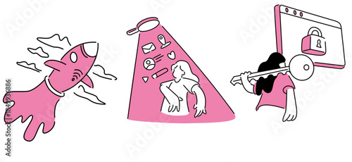 a collection of illustrations related to the internet, such as private accounts, network speed, and network security