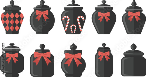 Festive black jars with red bows, candy canes, holiday decorations, Christmas packaging, elegant design elements, seasonal vector art for winter celebrations