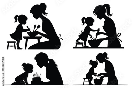 Silhouettes of mother and child baking and celebrating together