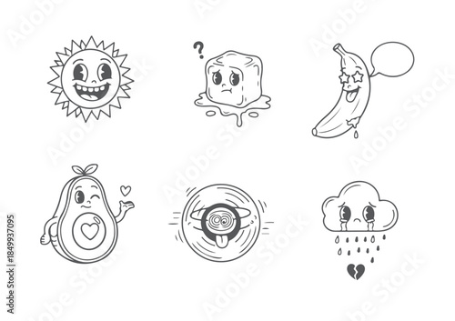 Retro Cartoon Comic Doodle Characters, Sun, Avocado, Banana, Cloud, and Ice Cube Mascot Kit.