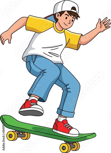 Excited Young Boy Riding a Skateboard with a Smile Action Illustration for Sports Youth and Lifestyle Concepts