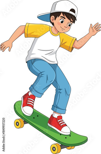 Active Boy Enjoying Skateboarding Fun Cartoon Illustration for Kids Lifestyle Outdoor Activities