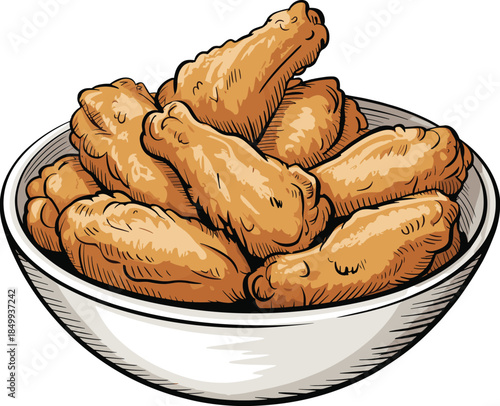Fried chicken drumsticks in bowl, crispy golden texture vector illustration for comfort food, fast food, snack, dining, and culinary themes