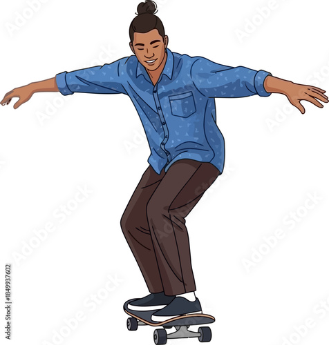 Young Man Skateboarding With Arms Outstretched for Balance Enjoying Outdoor Activity