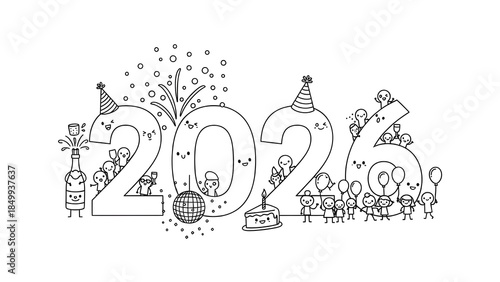 Black & White 2026 Doodle Party - Kawaii Characters, Happy New Year Celebration, Cute Sketch Art, Festive Drawing & Cartoon Design