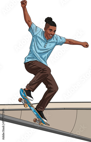 Dynamic Young Black Man Skateboarder Performing Trick in Skate Park Bowl