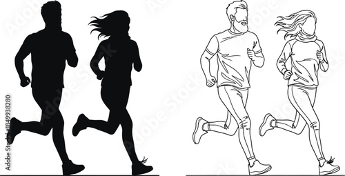 People running in different illustration styles side by side