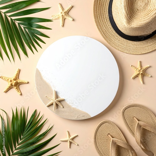 Beachy, summery flat lay with a blank circle