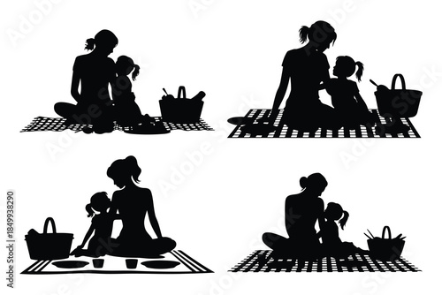 Four silhouettes of mothers and daughters picnicking on checkered blankets