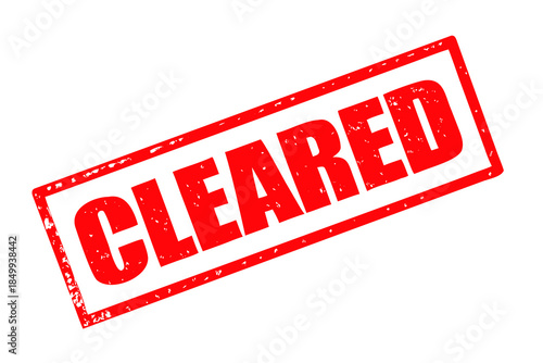 Red grungy stamp with the word CLEARED tilted to the left against a solid black background
