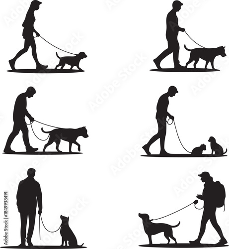 Dog Walking Silhouette Icon Set