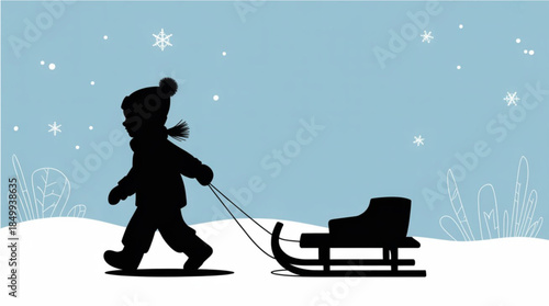A child in winter clothing pulls a sled through snowy landscape with snowflakes