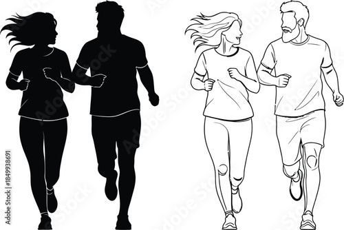 People running together in pairs on white background