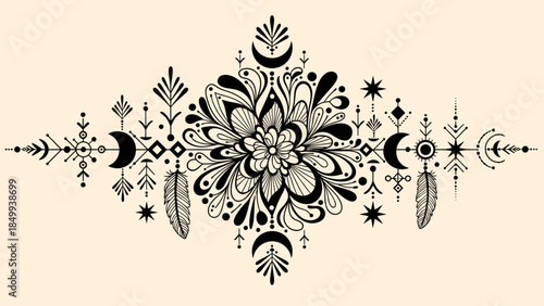 Intricate Black Floral Boho Design Element.