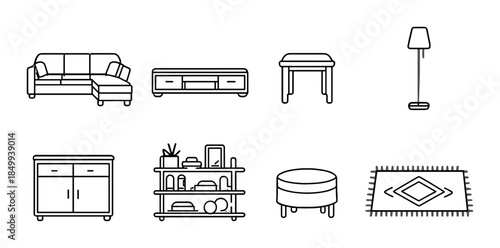Minimalist furniture icons: sofa, table, lamp, cabinet, rug collection
