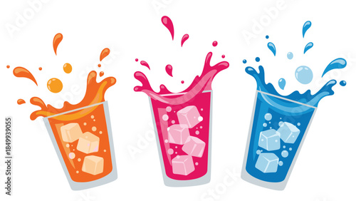 Colorful glasses filled with refreshing beverages and ice cubes are splashing, creating a vibrant and summery scene.