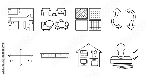 Black and white icons for office design and planning