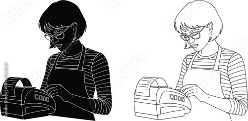 woman wearing glasses and apron using a cash register