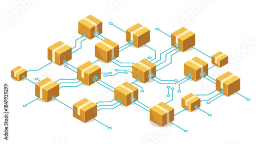 Isometric illustration depicts a network of interconnected golden packages representing logistics, supply chain, or data flow concepts.